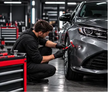 Bumper dent being repaired without repainting