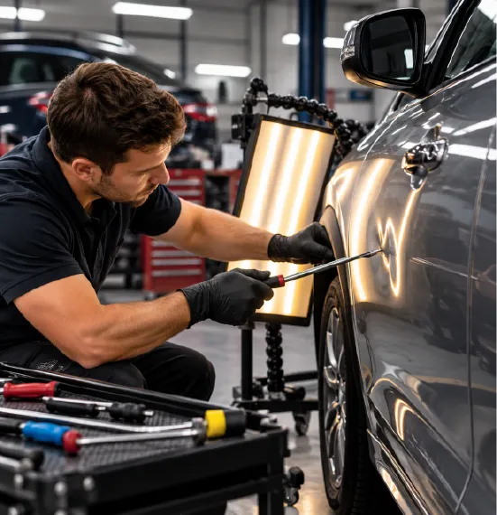 Car in the Alpha Dent Removal workshop under LED lights